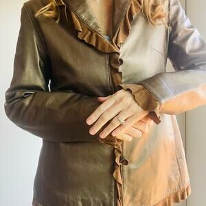 Vintage 90s Mocha Mousse Leather Jacket with Ruffle Trim Size Medium